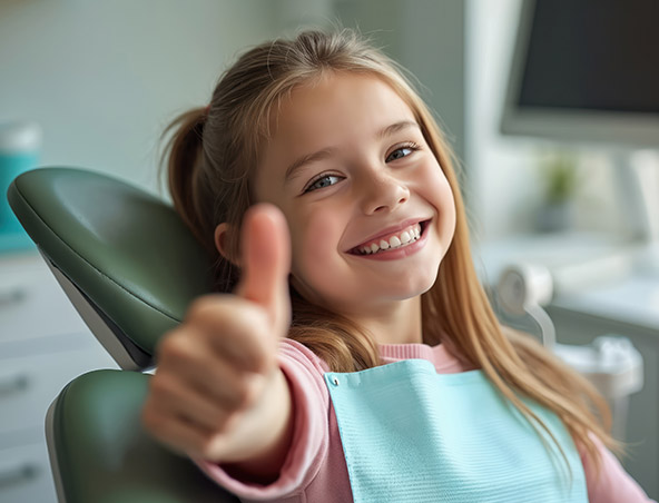 Portrait fillette dans fauteuil dentaire souriant et levant le pouce vers le haut